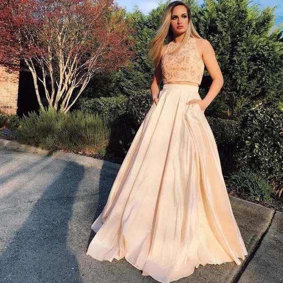 Champagne Prom Dress,Satin Prom Gown, Two-Pieces Prom Dress, Beading Prom Gown cg8417 Champagne Prom Dress,Satin Prom Gown, Two-Pieces Prom Dress, Beading Prom Gown cg8417