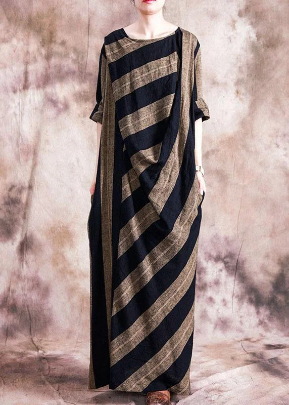 Classy o neck patchwork cotton clothes For Women Catwalk black striped Dresses fall
