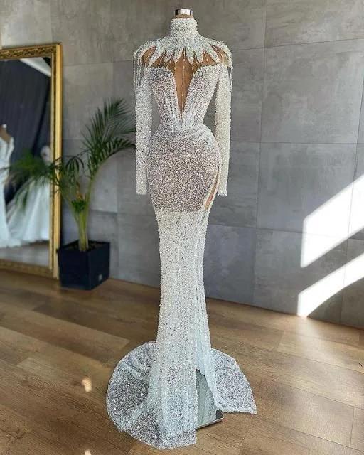 White Arabic Split Prom Dresses Luxury Beading Sequined High Neck Long Sleeve Women Plus Size Formal Evening Gowns C1942