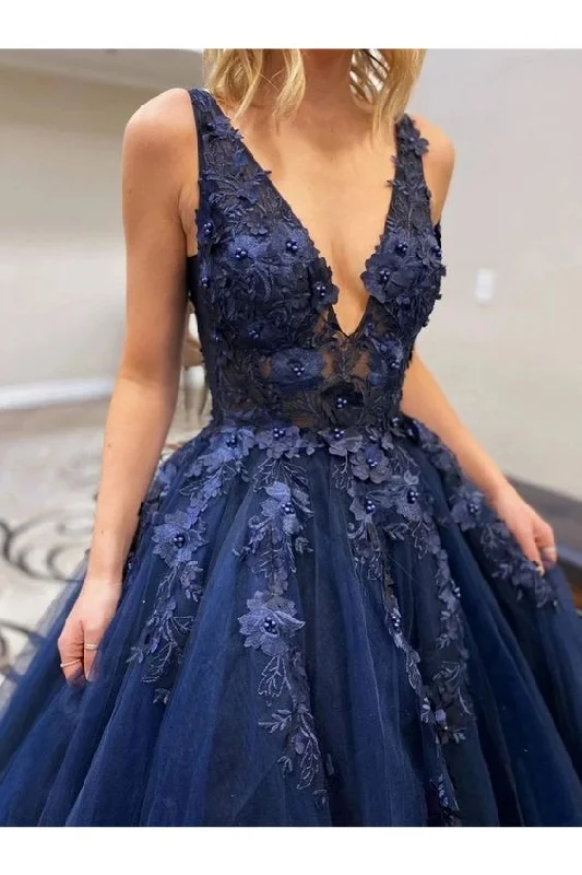A-Line V Neck Appliques Navy Blue Prom Dresses, Navy Blue Long Evening Dresses C1524