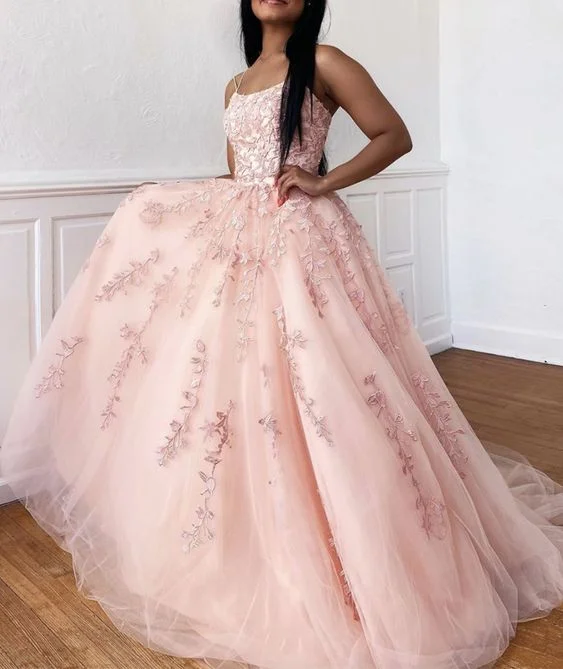 Pink lace long prom dress A line evening dress C1707
