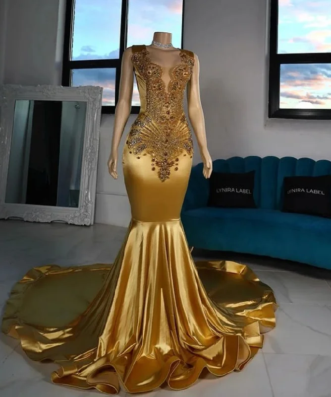 Gold Sheer O Neck Long Prom Dress For Black Girls Beaded Crystal Rhinestone Birthday Party Gowns Mermaid Evening Dresses Gold Sheer O Neck Long Prom Dress For Black Girls Beaded Crystal Rhinestone Birthday Party Gowns Mermaid Evening Dresses