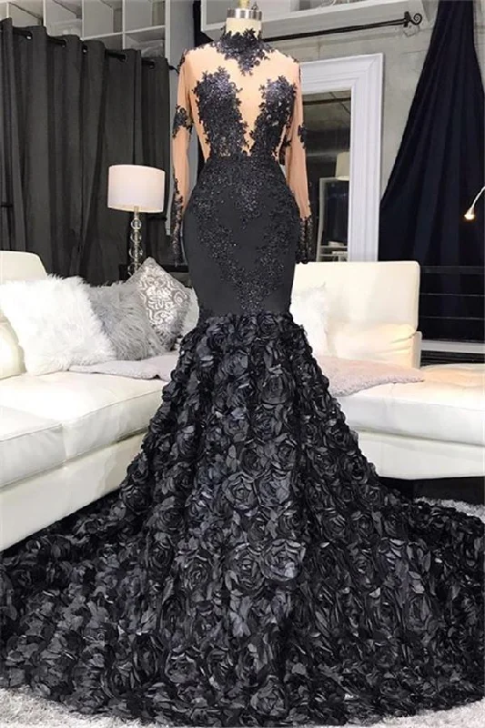 Unique Lace Appliques Flowers High-Neck Prom Dresses Sheer Tulle Fit And Flare Evening Gowns C1988