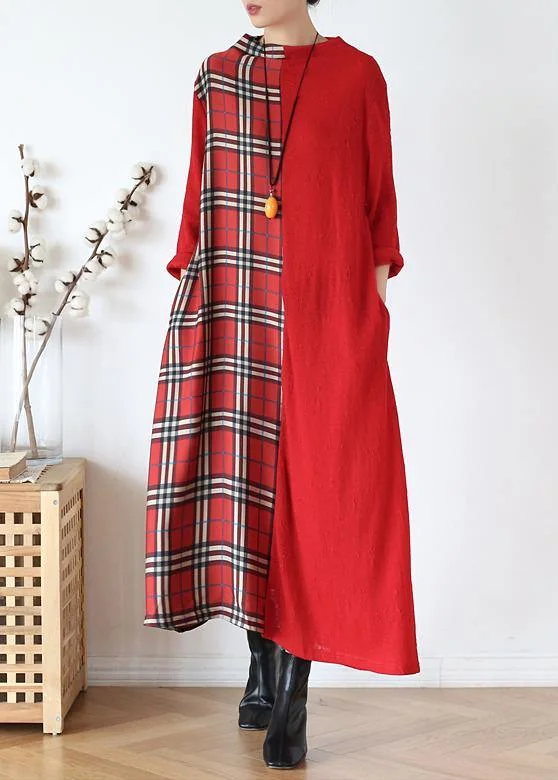 DIY red plaid clothes For Women high neck patchwork long fall Dresses