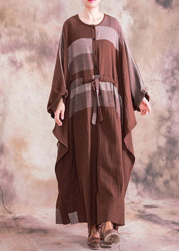100% o neck asymmetric linen clothes For Women brown plaid drawstring Dresses fall