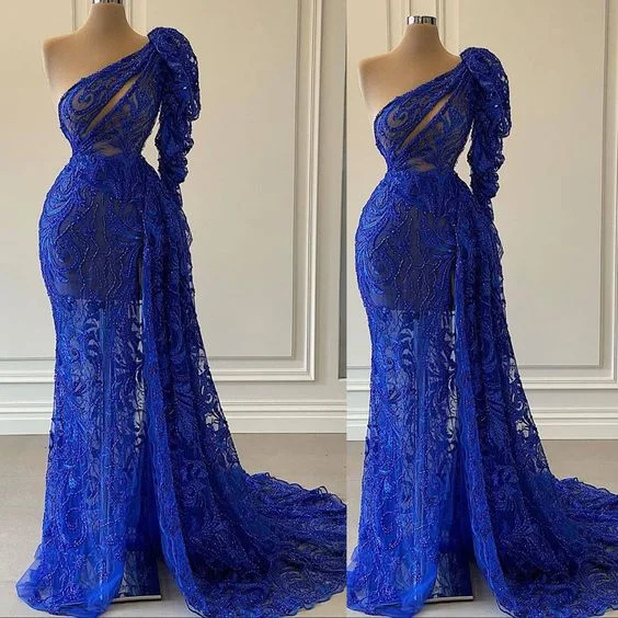One shoulder evening dress, royal blue evening dresses, lace applique evening dress, modest evening dresses C1928