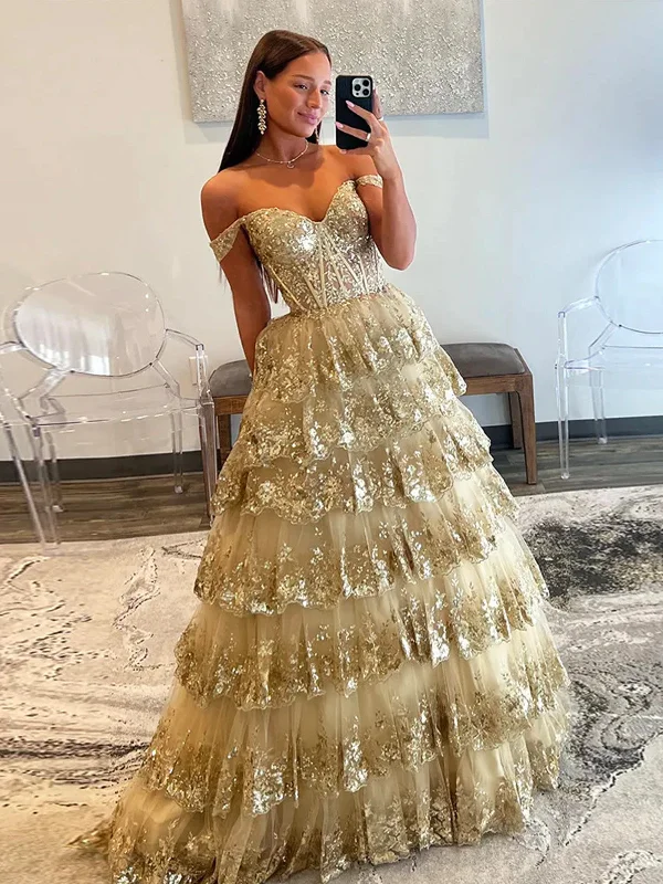 A Line Off Shoulder Golden Sequin Tulle  Long Prom Dress, Off The Shoulder Gold A Line Tulle Formal Evening Dresses Chiffon Maxi Beach