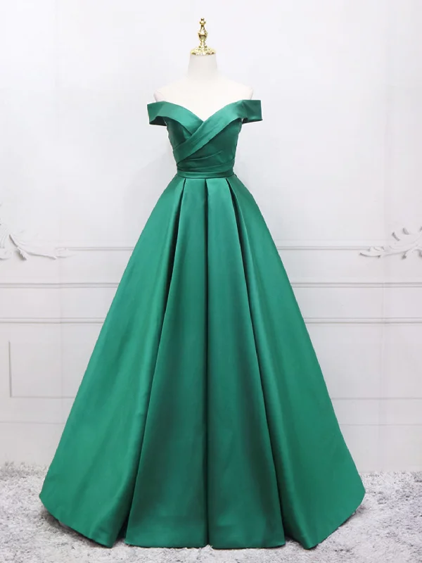 A-Line Off Shoulder Green Satin Long Prom Dresses, Green Evening Dresses Tunics Long Elegant A-Line Off Shoulder Green Satin Long Prom Dresses, Green Evening Dresses Tunics Long Elegant