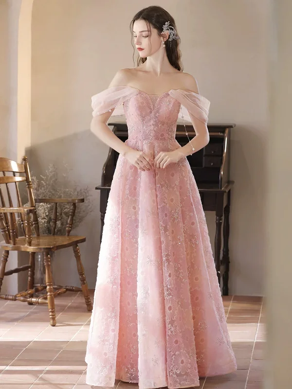 A Line Off Shoulder Pink Lace Long Prom Dresses, Off The Shoulder Lace Pink Long Formal Evening Dresses Tunics Vintage classic A Line Off Shoulder Pink Lace Long Prom Dresses, Off The Shoulder Lace Pink Long Formal Evening Dresses Tunics Vintage classic