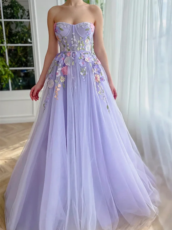 A Line Strapless Lilac Floor Length Party Dresses with 3D Flowers, Strapless Purple Tulle Long Prom Formal Evening Dresses Tunics Summer linen A Line Strapless Lilac Floor Length Party Dresses with 3D Flowers, Strapless Purple Tulle Long Prom Formal Evening Dresses Tunics Summer linen