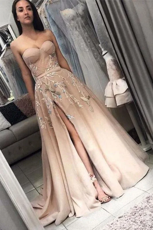 A Line Sweetheart Prom with Side Slit Long Appliques Party Dresses sweetheart Neckline Romantic A Line Sweetheart Prom with Side Slit Long Appliques Party Dresses sweetheart Neckline Romantic