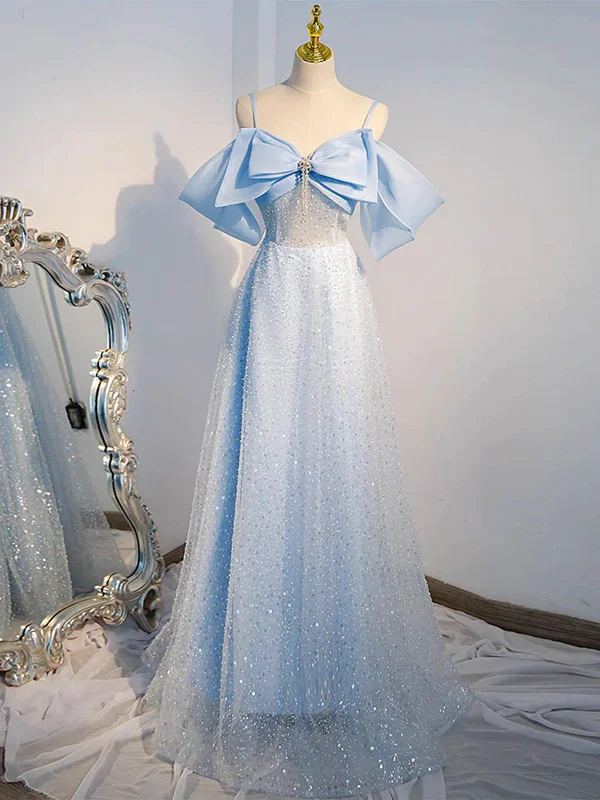A Line Tulle Sequin Blue Long Prom Dresses, Blue Sequin Tulle Long Formal Evening Dresses Tunics Stylish elegant A Line Tulle Sequin Blue Long Prom Dresses, Blue Sequin Tulle Long Formal Evening Dresses Tunics Stylish elegant