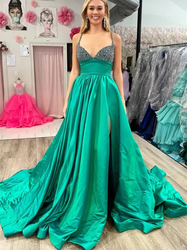 A Line V Neck Beaded Green Long Prom Dresses with High Slit, Green Long Formal Graduation Evening Dresses Sequined Elegant Party A Line V Neck Beaded Green Long Prom Dresses with High Slit, Green Long Formal Graduation Evening Dresses Sequined Elegant Party