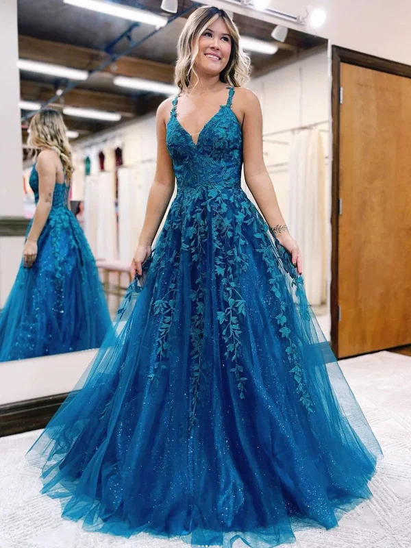 A Line V Neck Blue Lace Long Prom Dresses, Blue Tulle Lace Formal Evening Dresses Tunics Plaid country A Line V Neck Blue Lace Long Prom Dresses, Blue Tulle Lace Formal Evening Dresses Tunics Plaid country