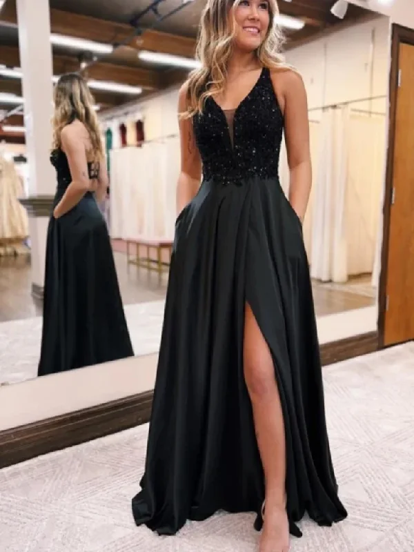 A Line V Neck Open Back Black Sequin Long Prom Dresses with High Slit, V Neck Backless Black Formal Graduation Evening Dresses with Pockets Tunics Cozy comfortable A Line V Neck Open Back Black Sequin Long Prom Dresses with High Slit, V Neck Backless Black Formal Graduation Evening Dresses with Pockets Tunics Cozy comfortable