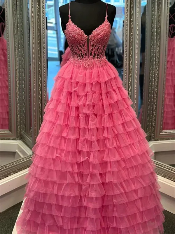 A Line V Neck Open Back Pink Lace Ruffle Tiered Long Prom Dresses, V Neck Backless Hot Pink Lace Formal Evening Dresses Tunics Stylish elegant A Line V Neck Open Back Pink Lace Ruffle Tiered Long Prom Dresses, V Neck Backless Hot Pink Lace Formal Evening Dresses Tunics Stylish elegant