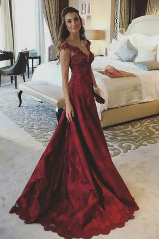 A Line V Neck Sleeveless Appliques Prom Dark Red Popular Evening Dresses Crew Neckline Casual A Line V Neck Sleeveless Appliques Prom Dark Red Popular Evening Dresses Crew Neckline Casual