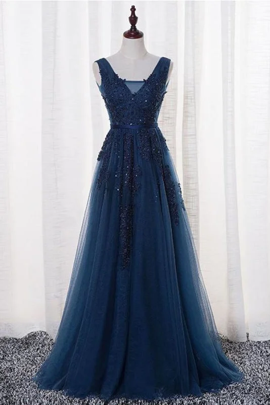 A Line V Neck Sleeveless Appliques Prom with Beads Floor Length Tulle Evening Dress Tunics Essential wardrobe A Line V Neck Sleeveless Appliques Prom with Beads Floor Length Tulle Evening Dress Tunics Essential wardrobe
