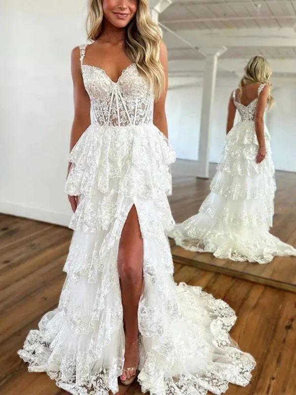A Line V Neck White Lace Tiered Stunning Prom Dresses With Split, Lace White Long Formal Evening Dresses Tunics Satin smooth A Line V Neck White Lace Tiered Stunning Prom Dresses With Split, Lace White Long Formal Evening Dresses Tunics Satin smooth