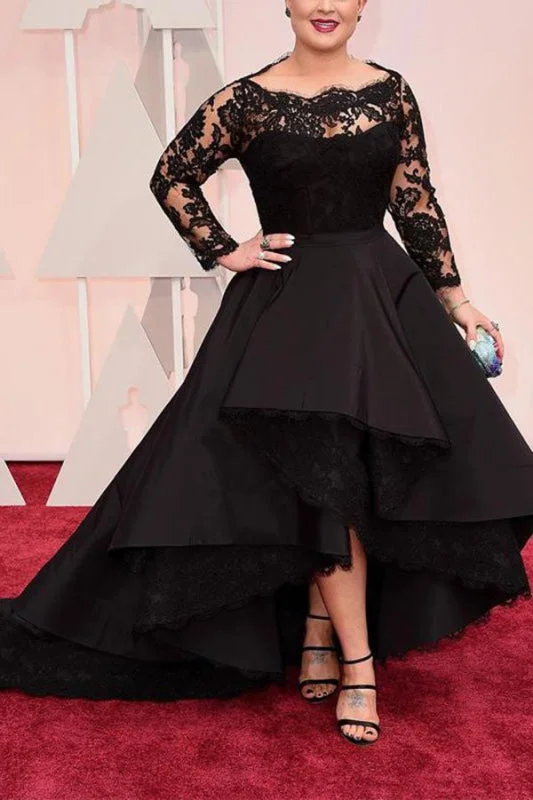 Affordable Marvelous Fascinating Black Plus Size Prom High Low Long Sleeve Evening Dress with Lace A-Line Day Work Affordable Marvelous Fascinating Black Plus Size Prom High Low Long Sleeve Evening Dress with Lace A-Line Day Work