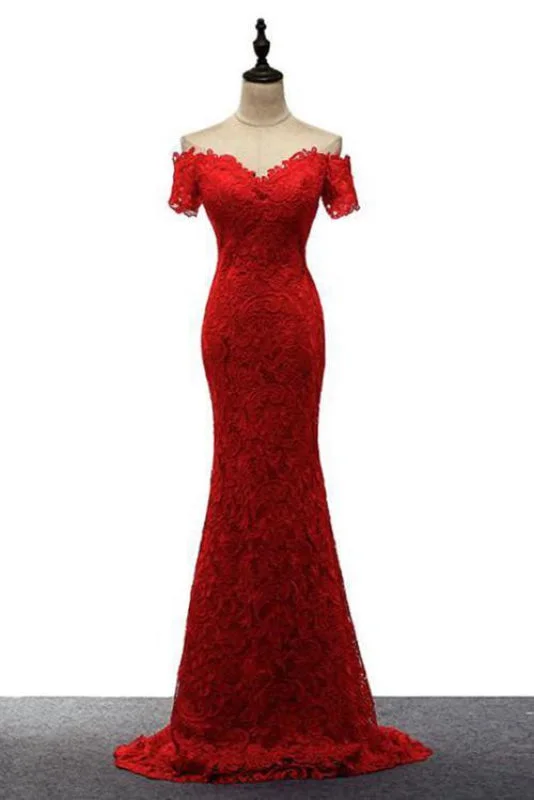 Amazing Latest Fascinating Red Off the Shoulder Mermaid Lace Prom Sweep Train Long Evening Dresses Tunics Stylish elegant Amazing Latest Fascinating Red Off the Shoulder Mermaid Lace Prom Sweep Train Long Evening Dresses Tunics Stylish elegant