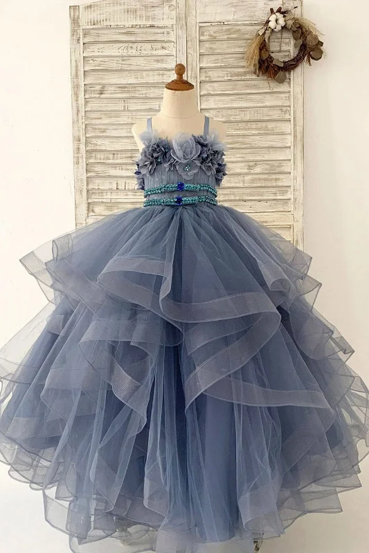 Beaded Dusty Blue Polka Dots Tulle Straps Wedding Flower Girl Dress Kids Party Dress Tunics Chic fashionable Beaded Dusty Blue Polka Dots Tulle Straps Wedding Flower Girl Dress Kids Party Dress Tunics Chic fashionable