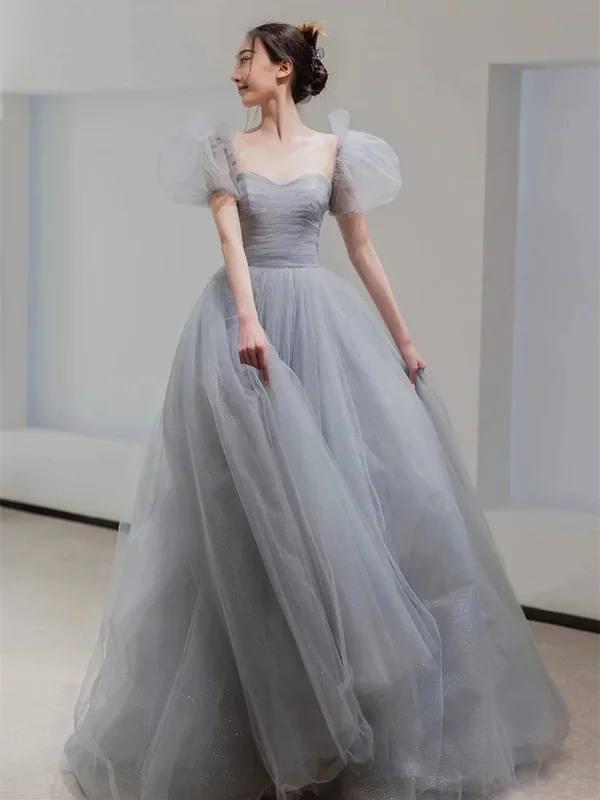 Beautiful A Line Floor Length Gray Tulle Prom Dresses, Short Sleeve Floor Length Gray Formal Evening Dresses Tunics Occasion special Beautiful A Line Floor Length Gray Tulle Prom Dresses, Short Sleeve Floor Length Gray Formal Evening Dresses Tunics Occasion special