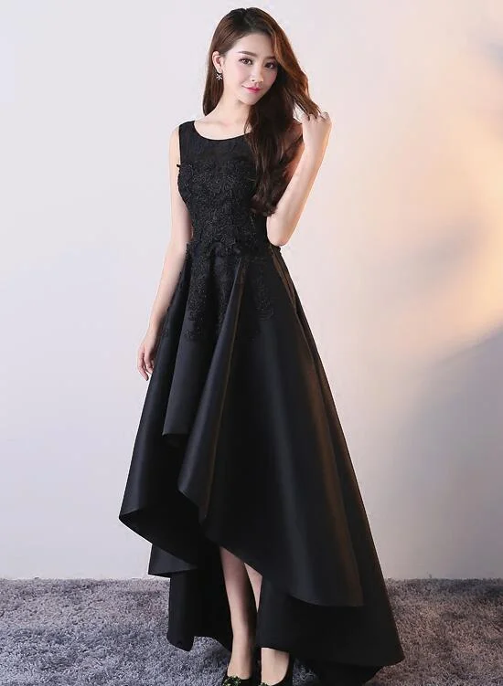Beautiful Black Satin and Lace High Low Round Party Dress, Black Formal Dress Tunics Solid Classic Beautiful Black Satin and Lace High Low Round Party Dress, Black Formal Dress Tunics Solid Classic