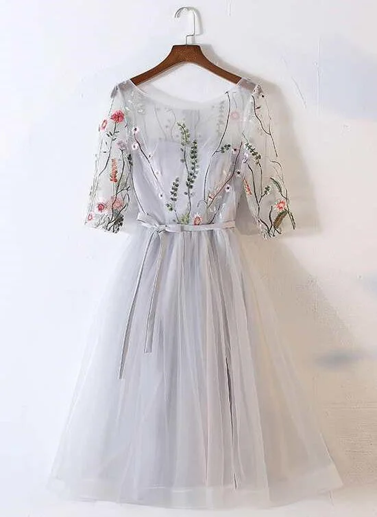 Beautiful Grey Tulle Round Neckline with Flowers Party Dress, Short Prom Dress Tunics Bestseller popular Beautiful Grey Tulle Round Neckline with Flowers Party Dress, Short Prom Dress Tunics Bestseller popular