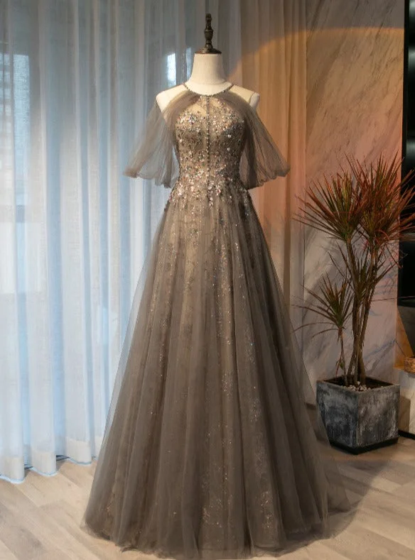 Beautiful Halter Tulle Beaded Floor Length Open Back Party Dress, A-line Tulle Long Prom Dress Tunics Velvet soft Beautiful Halter Tulle Beaded Floor Length Open Back Party Dress, A-line Tulle Long Prom Dress Tunics Velvet soft