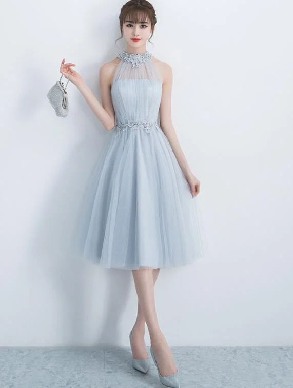 Beautiful Light Grey Halter Tulle Knee Length Party Dress , Charming Formal Dress Crew Neckline Sporty Beautiful Light Grey Halter Tulle Knee Length Party Dress , Charming Formal Dress Crew Neckline Sporty