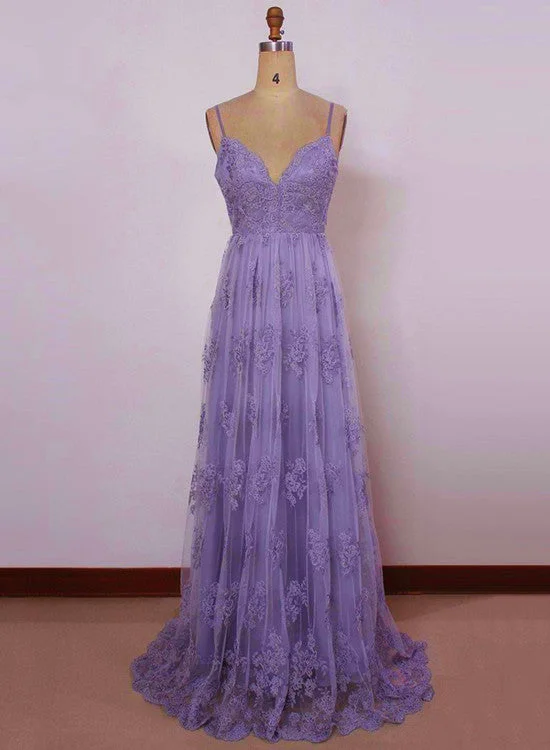 Beautiful Light Purple Straps with Lace Elegant Party Dress, Tulle Evening Gowns Glittery Long Formal Beautiful Light Purple Straps with Lace Elegant Party Dress, Tulle Evening Gowns Glittery Long Formal