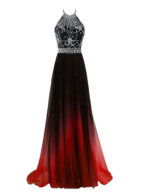 Beautiful Long Beaded Chiffon Gradient Halter Party Dress, A-line Prom Dress Turtleneck Warm Winter Beautiful Long Beaded Chiffon Gradient Halter Party Dress, A-line Prom Dress Turtleneck Warm Winter