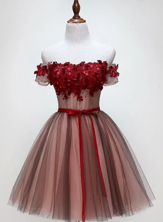 Beautiful Off Shoulder Tulle Knee Length Party Dress , Red Homecoming Dress with Applique Tunics Fall fleece Beautiful Off Shoulder Tulle Knee Length Party Dress , Red Homecoming Dress with Applique Tunics Fall fleece