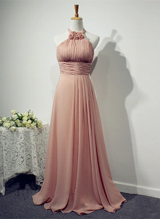 Beautiful Pink Halter Chiffon Bridesmaid Dress, Long Wedding Party Dresses empire Waist empire Beautiful Pink Halter Chiffon Bridesmaid Dress, Long Wedding Party Dresses empire Waist empire