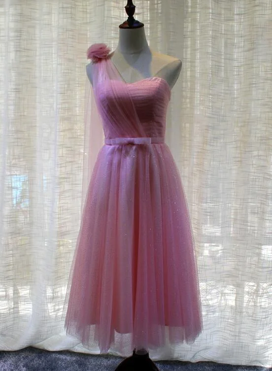 Beautiful Pink One Shoulder Tea Length Wedding Party Dress, Cute Party Dress Tunics Satin smooth Beautiful Pink One Shoulder Tea Length Wedding Party Dress, Cute Party Dress Tunics Satin smooth