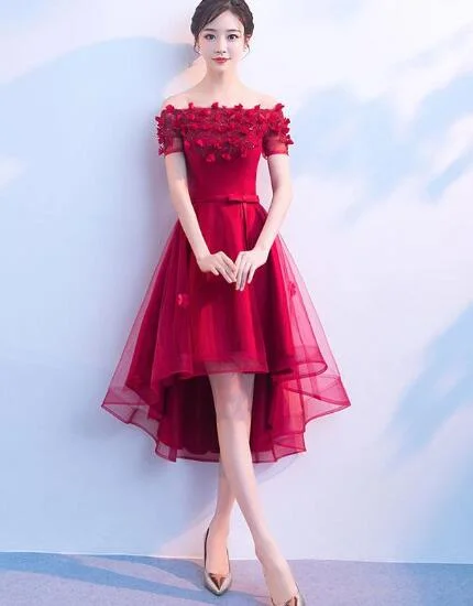 Beautiful Red High Low Off Shoulder Party Dress, Red Homecoming Dresses Tunics Versatile stylish Beautiful Red High Low Off Shoulder Party Dress, Red Homecoming Dresses Tunics Versatile stylish