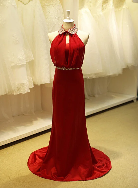 Beautiful Red Satin and Chiffon Beaded Long Party Dress, Charming Junior Prom Dress Pencil Length Work Beautiful Red Satin and Chiffon Beaded Long Party Dress, Charming Junior Prom Dress Pencil Length Work