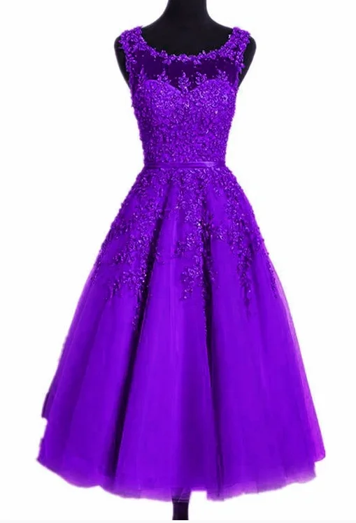 Beautiful Tea Length Purple Round Neckline Bridesmaid Dress, Lace Appplique Party Dress Homecoming dress cg10884 Lace Sexy Club Beautiful Tea Length Purple Round Neckline Bridesmaid Dress, Lace Appplique Party Dress Homecoming dress cg10884 Lace Sexy Club