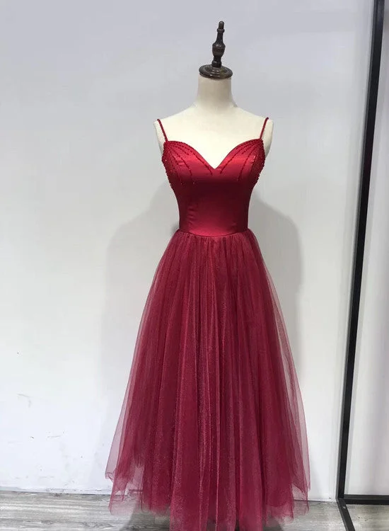 Beautiful Wine Red Straps Beaded Tea Length Wedding Party Dress, Prom Dress Boat Neckline Classic Beautiful Wine Red Straps Beaded Tea Length Wedding Party Dress, Prom Dress Boat Neckline Classic