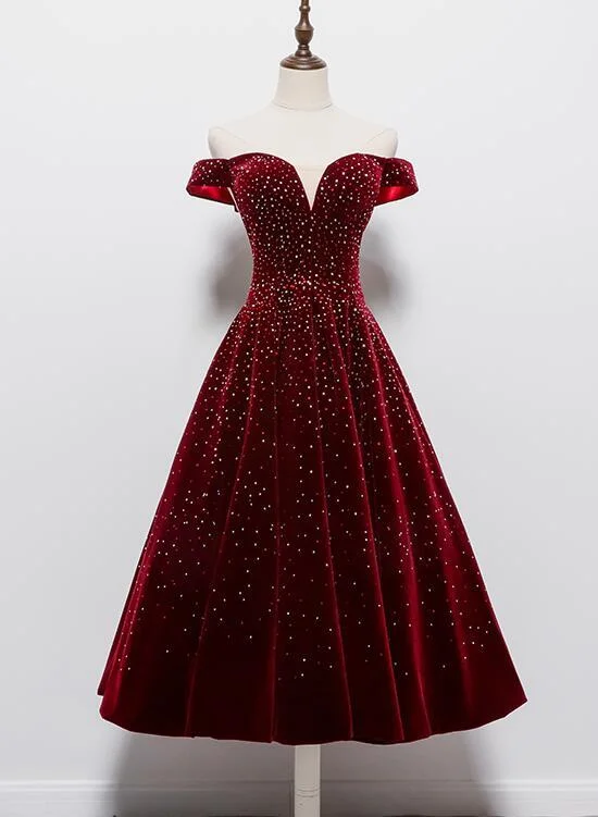 Beautiful Wine Red Tea Length Sweetheart Party Dress, Velvet Bridesmaid Dress Prom Dress cg14714 Tunics Designer luxury Beautiful Wine Red Tea Length Sweetheart Party Dress, Velvet Bridesmaid Dress Prom Dress cg14714 Tunics Designer luxury