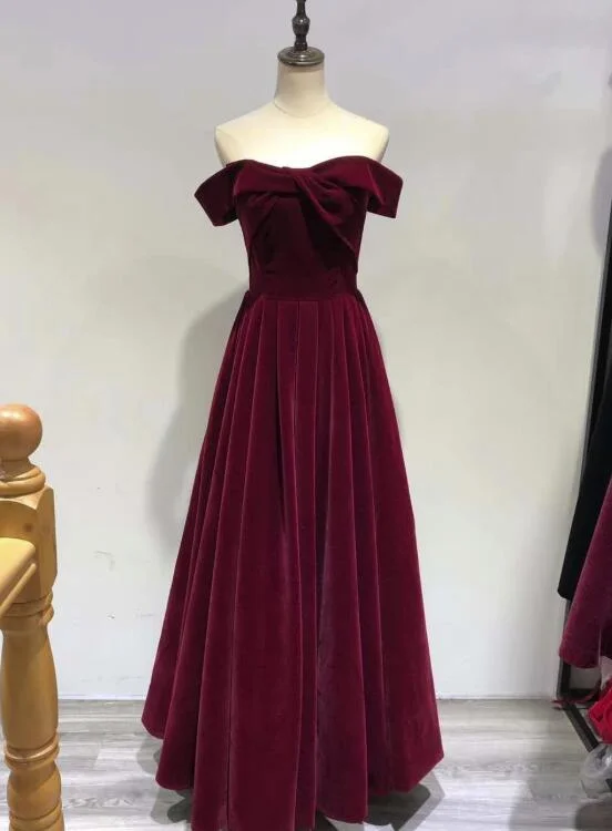 Beautiful Wine Red Velvet Off Shoulder New Style Evening Dress, Pretty Party Dress Tunics Fleece cozy Beautiful Wine Red Velvet Off Shoulder New Style Evening Dress, Pretty Party Dress Tunics Fleece cozy