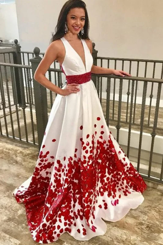 Best Latest Glorious A-Line Deep V-Neck Floral Satin Prom with Beading Sweep Train Evening Dress Tunics Chic fashionable Best Latest Glorious A-Line Deep V-Neck Floral Satin Prom with Beading Sweep Train Evening Dress Tunics Chic fashionable