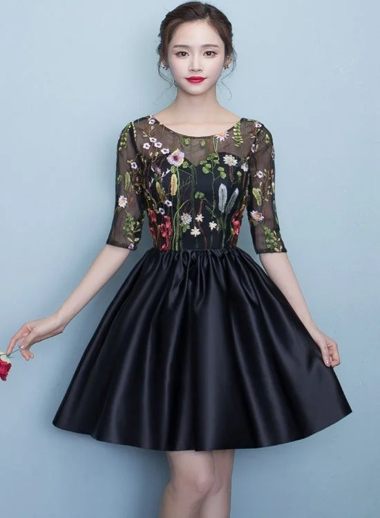 Black Floral Lace Short Sleeves Homeocming Dress, Back Party Dress Wedding Party Dress Tunics Business professional Black Floral Lace Short Sleeves Homeocming Dress, Back Party Dress Wedding Party Dress Tunics Business professional