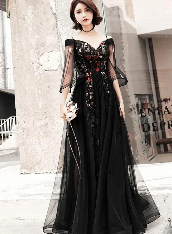 Black Floral Off Shoulder Floor Length Party Dress, Black Tulle Prom Dress Formal Dress Tunics Silk luxurious Black Floral Off Shoulder Floor Length Party Dress, Black Tulle Prom Dress Formal Dress Tunics Silk luxurious