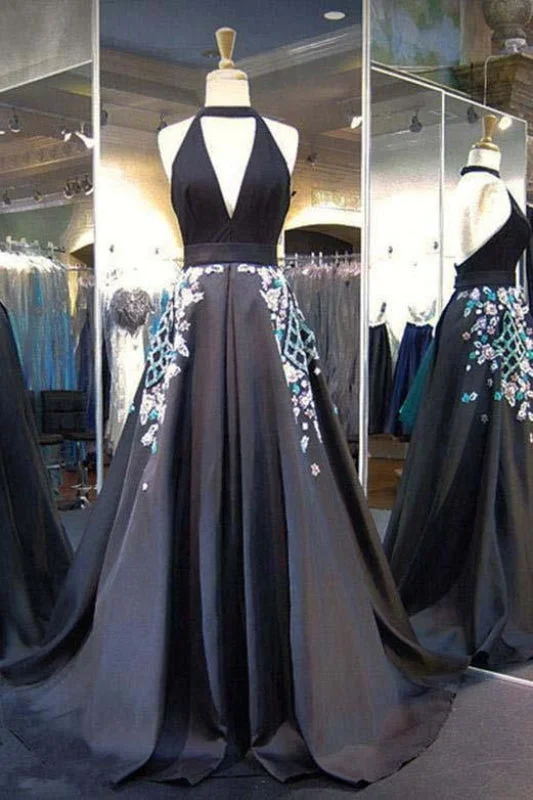 Black Halter Backless Evening Dress Deep V Neck Prom Gown with Appliques Tunics Plaid country Black Halter Backless Evening Dress Deep V Neck Prom Gown with Appliques Tunics Plaid country
