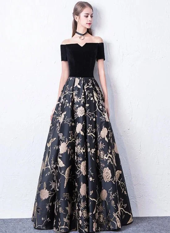 Black Off Shoulder Floral Satin and Velvet Long Party Dress, Black Formal Dress Prom Dress Tunics Silk luxurious Black Off Shoulder Floral Satin and Velvet Long Party Dress, Black Formal Dress Prom Dress Tunics Silk luxurious