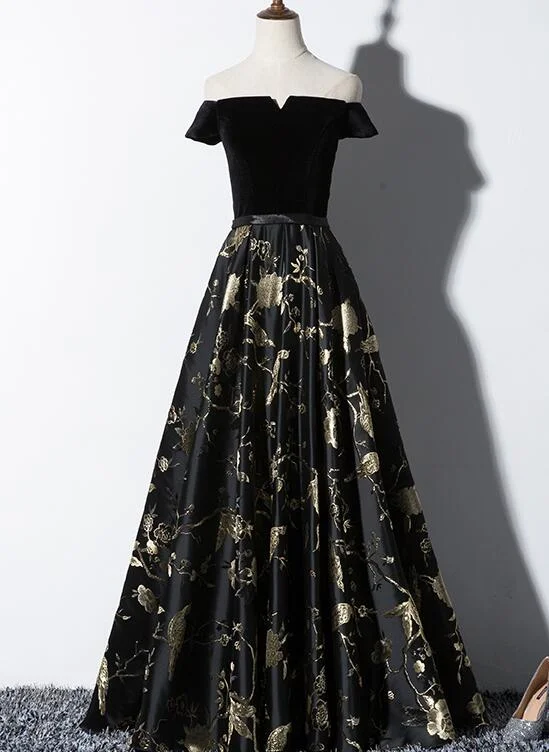 Black Off Shoulder Velvet and Floral Long Party Dress, Prom Dress Sequined Elegant Party Black Off Shoulder Velvet and Floral Long Party Dress, Prom Dress Sequined Elegant Party