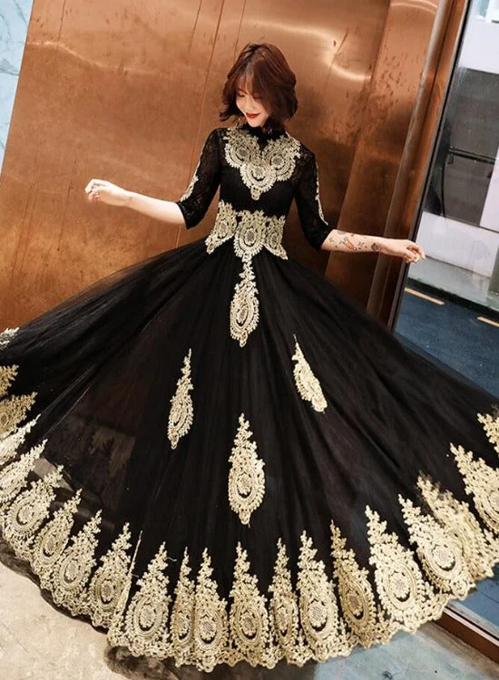 Black Tulle 1/2 Sleeves with Gold Lace Applique Party Dress, Charming Black Evening Dress Prom Dress Tunics Top Casual Black Tulle 1/2 Sleeves with Gold Lace Applique Party Dress, Charming Black Evening Dress Prom Dress Tunics Top Casual