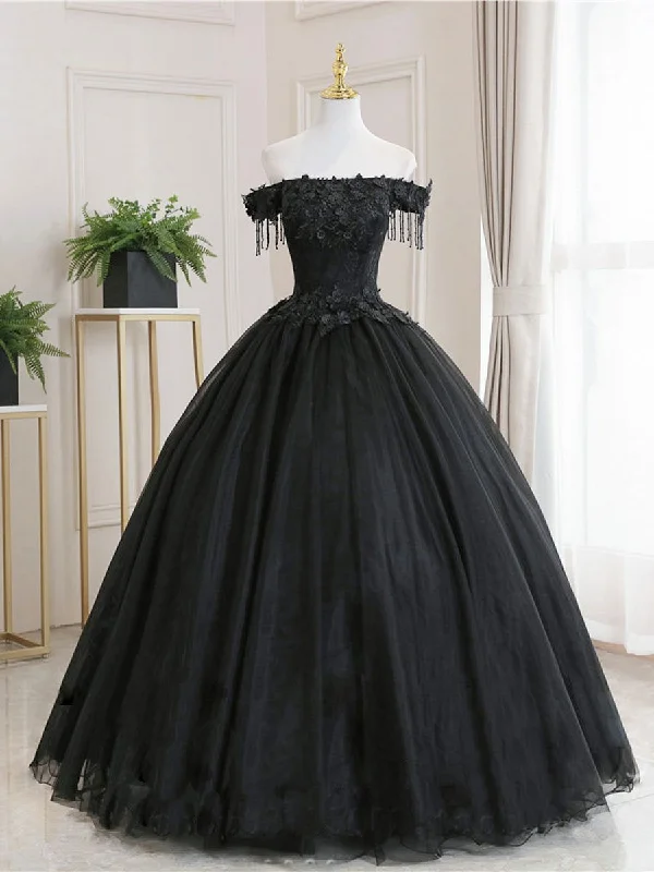 Black Tulle Off Shoulder Lace Long Prom Dress, Black Evening Dress Tunics Travel practical